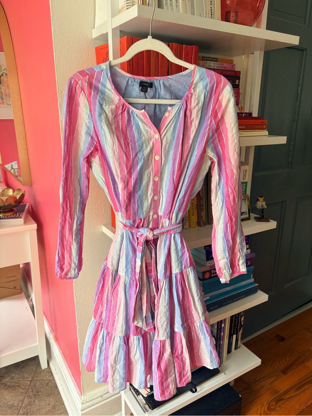 J.Crew Striped Pink & Blue Button-Front Tiered Dress
